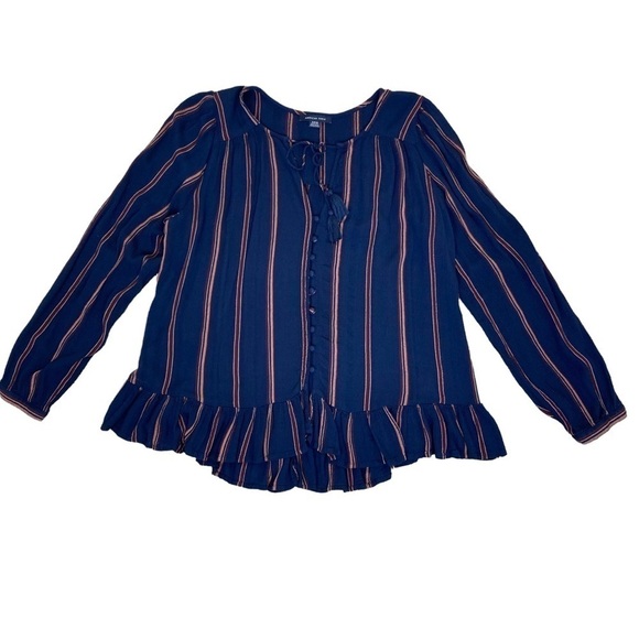 American Eagle Boho Relaxed Peasant Blouse Ruffled Navy/Rust Brown Size S - Picture 13 of 16